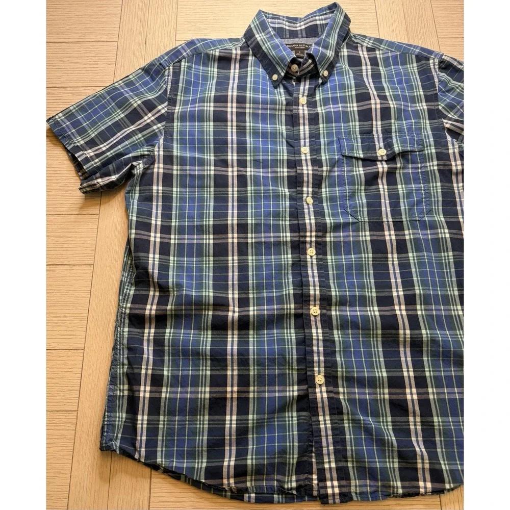 Banana Republic Men's Blue Plaid Soft Wash Short Sleeve Button Down Shirt Sz L